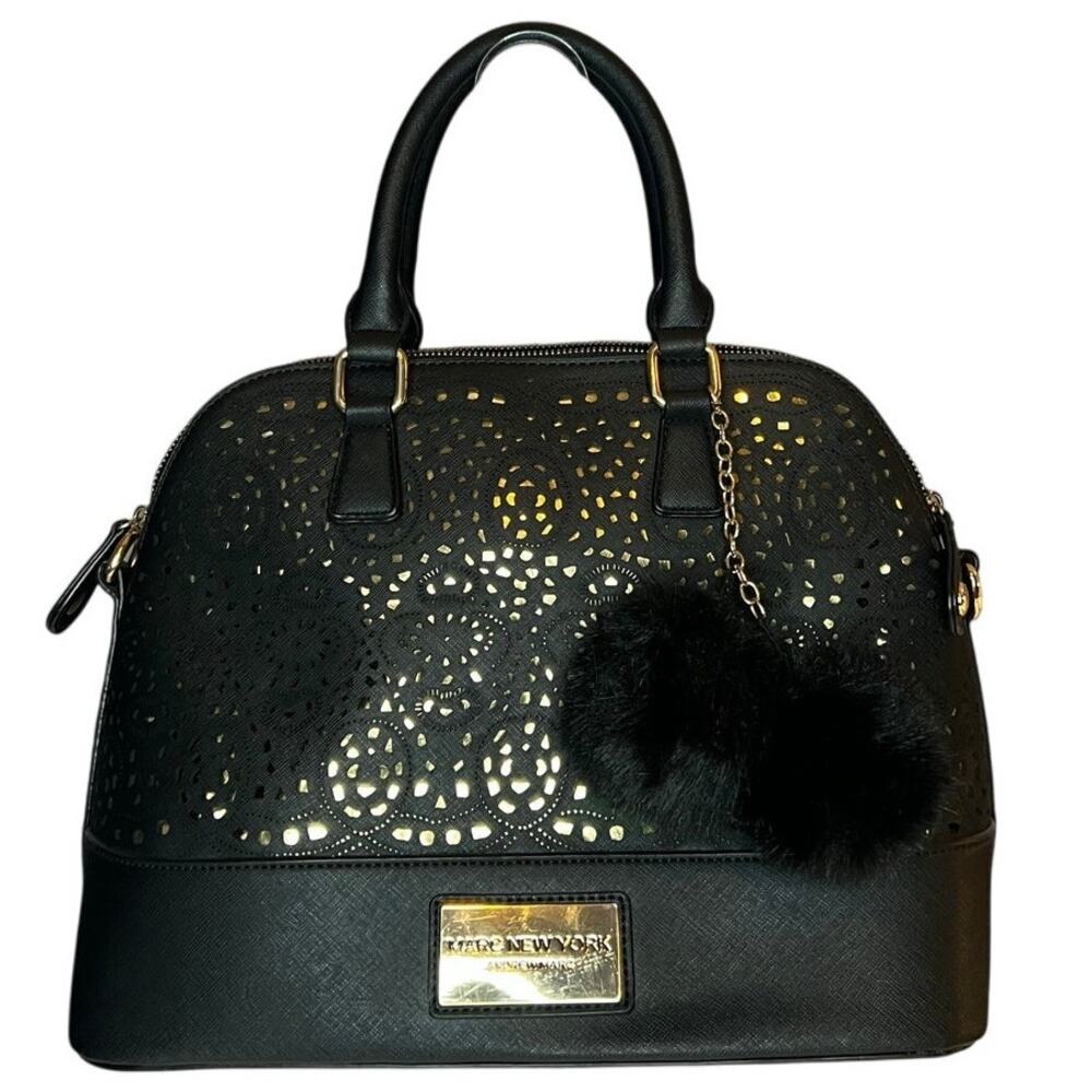 Marc New York Black Laser Cut Satchel Gold Underlay Pom Charm Top Handle Bag